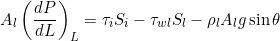 \[ A_l \left( \frac{dP}{dL}\right)_L = \tau_i S_i - \tau_{wl} S_l - \rho_l A_l g \sin \theta \]