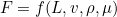 \[ F=f(L, v, \rho, \mu) \]