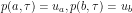 \[ p(a,\tau) = u_a, p(b,\tau) = u_b \]