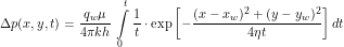 \[ \Delta p(x,y,t) = \frac{q_w \mu}{4 \pi kh} \, \int\limits_0^t \frac{1}{t} \cdot \exp \left [ -\frac{(x-x_w)^2 + (y-y_w)^2}{4 \eta t} \right ] dt \]