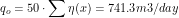\[ q_o = 50 \cdot \sum \eta(x) = 741.3 m3/day \]