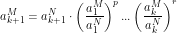 \[ a^M_{k+1}=a^N_{k+1} \cdot \left (\frac{a^M_1}{a^N_1} \right )^p...\left (\frac{a^M_k}{a^N_k} \right )^r \]