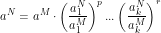 \[ a^N=a^M \cdot \left (\frac{a^N_1}{a^M_1} \right)^p...\left (\frac{a^N_k}{a^M_k} \right )^r \]